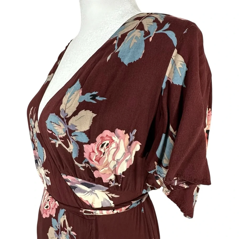 Show Me‎ Your MuMu Burgundy Floral Mini Wrap Dress Short Sleeve V-Neck  Size S - Picture 6 of 8